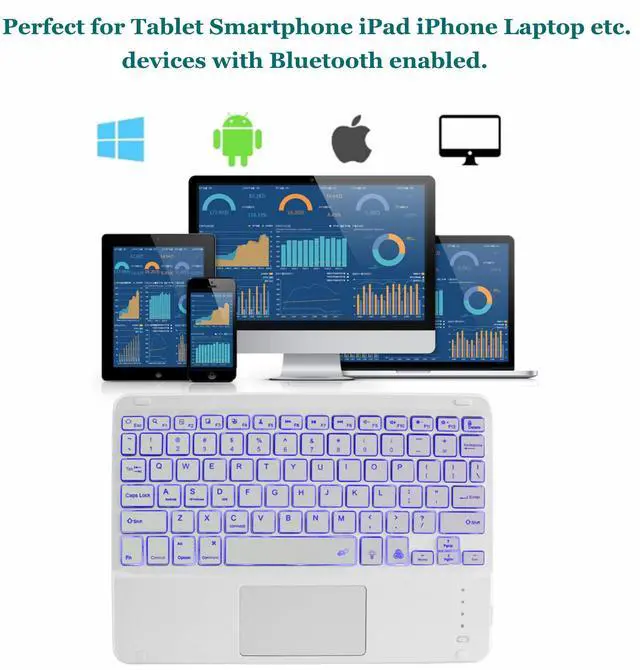 Alt view image 4 of 5 - Sunffice Bluetooth Keyboard with Touchpad,Ultra Silm 7 Colors Backlit Wireless Keyboard Rechargeable Portable Keypad with Trackpad for iPad iOS Android Windows Tablets PC Smartphone Universal(White)