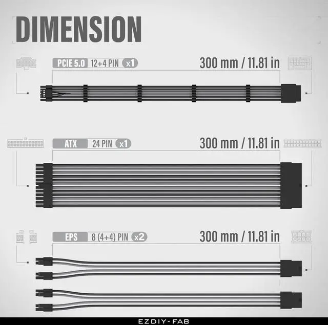 Alt view image 2 of 5 - EZDIY-FAB 12VHPWR PSU Cable Extension Kit,16AWG PCIE 5.0 Power Supply Cable Extension- 1x 24 Pin ATX /2X 8Pin (4+4) EPS / 1x12+4 Pin GPU,Sleeve Cable 300MM with Combs-Black Grey