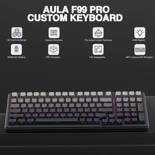 Alt view image 3 of 5 - AULA Wireless Keyboard Combo - F99 Pro Mechanical Keyboard, Gasket Hot Swappable + SC580X Gaming Mouse, Light Purple