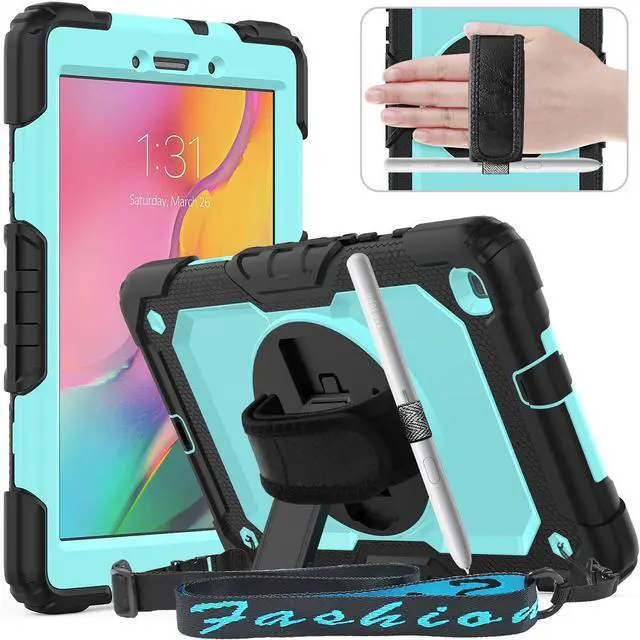 Main image of Timecity Tablet Case for Samsung Galaxy Tab A 8.0 2019 Release (Only Fit SM-T290/T295/T297), Tablet Case Protector with Rotating Stand Screen Protector Handle Shoulder Strap, Black/Light Blue