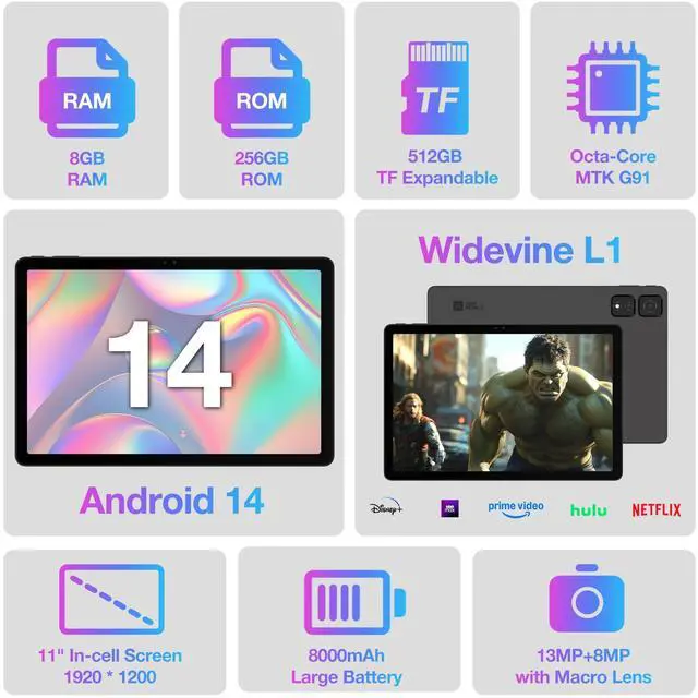 Alt view image 2 of 5 - AGM 11 inch Tablet, Android 14 Tablet with MTK Octa-Core Processor, 256GB Storage TF Expandable, FHD IPS in-Cell Display Widevine L1, Triple Camera, Stereo, 8000mAh, 5G WiFi/BT 5.0/GPS/OTG/GMS/G-AI