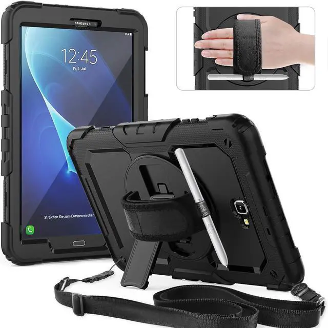 Main image of Timecity Case for Samsung Galaxy Tab A 10.1 inch 2016 Release, SM-T580 T585 T587 Case, Heavy Duty Protection Case with Screen Protector, Stand, Hand Strap and Shoulder Strap Stylus Holder - Black
