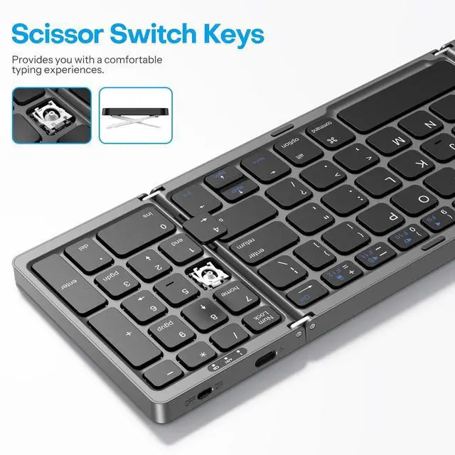 Alt view image 4 of 5 - OMOTON Foldable Bluetooth Keyboard, with Number Pad, Multi-Device and Rechargeable Keyboard Compatible with iPad, iPhone, Android, Windows Laptop, Desktop, Tablet and PC (Grey)