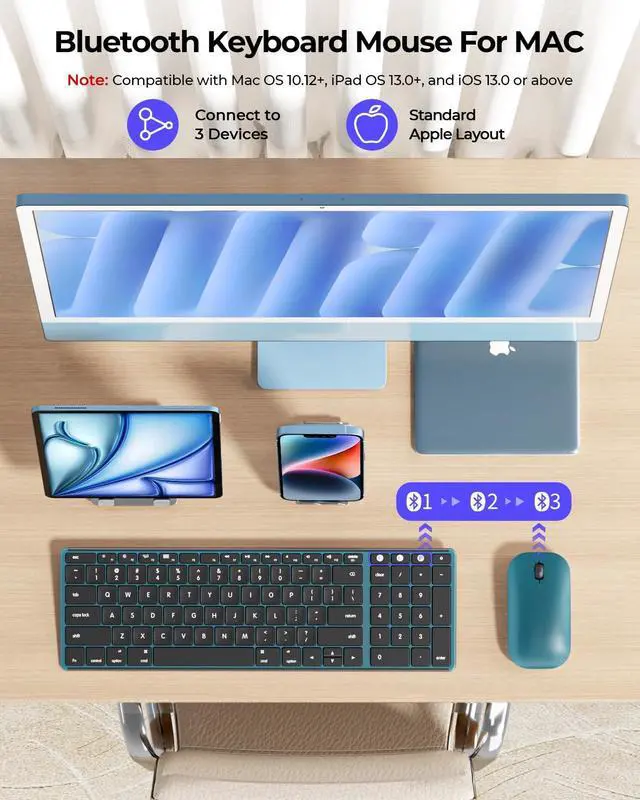 Alt view image 2 of 5 - Wireless Bluetooth Keyboard and Mouse for Mac, Multi-Device Rechargeable Slim Keyboard and Mouse Stainless Steel Full Size, Compatible with MacBook Pro/Air, iPad, iMac - Black Blue