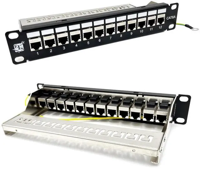 Main image of ETS 12 Port Patch Panel Cat6A Inline Keystone, Feedthrough Coupler Patch Panel 10-Inch with Cable Support, Fully Loaded Pass Through Jacks, 1U Network Patch Panel Compatible Cat7, Cat6, Cat6A, Cat5e