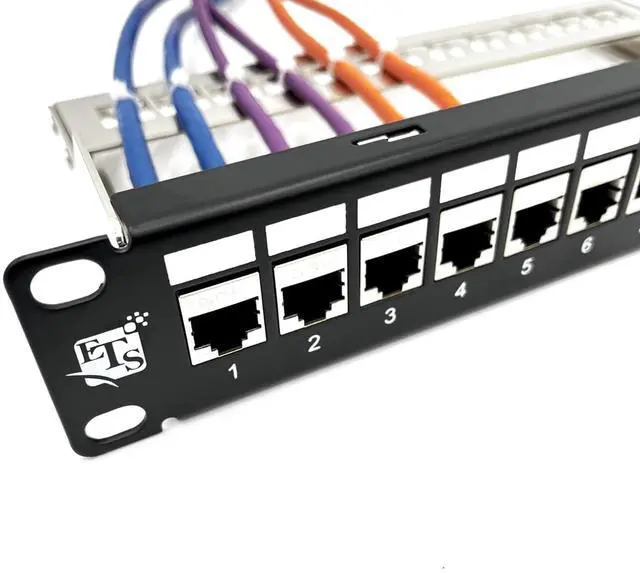 Alt view image 2 of 5 - ETS 12 Port Patch Panel Cat6A Inline Keystone, Feedthrough Coupler Patch Panel 10-Inch with Cable Support, Fully Loaded Pass Through Jacks, 1U Network Patch Panel Compatible Cat7, Cat6, Cat6A, Cat5e