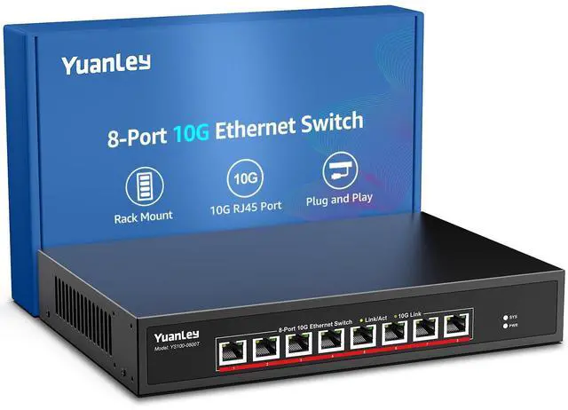 Main image of YuanLey 8-Port 10G Ethernet Switch, 8 x 10Gbps RJ45 Ports, Support 10G/5G/2.5G/1G/100Mbps Speed Auto-Negotiation, 160Gbps Switching Capacity, Unmanaged Switch Rackmountable, Plug and Play