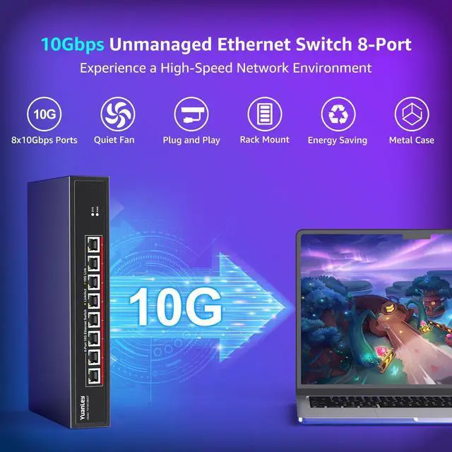 Alt view image 2 of 5 - YuanLey 8-Port 10G Ethernet Switch, 8 x 10Gbps RJ45 Ports, Support 10G/5G/2.5G/1G/100Mbps Speed Auto-Negotiation, 160Gbps Switching Capacity, Unmanaged Switch Rackmountable, Plug and Play