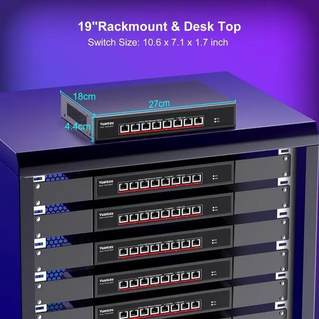 Alt view image 5 of 5 - YuanLey 8-Port 10G Ethernet Switch, 8 x 10Gbps RJ45 Ports, Support 10G/5G/2.5G/1G/100Mbps Speed Auto-Negotiation, 160Gbps Switching Capacity, Unmanaged Switch Rackmountable, Plug and Play
