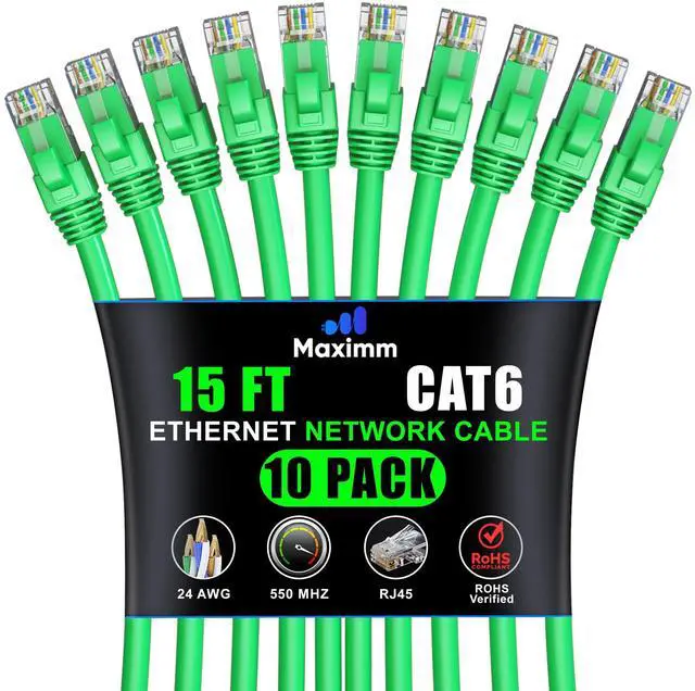 Main image of Maximm Cat 6 Ethernet Cable 15 ft (10-Pack) - High-Speed LAN Cable, Internet Cable, Patch Cable, and Network Cable - UTP, 10Gbps, 550MHz Ethernet Cord - Green