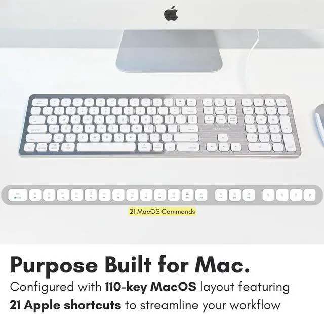Alt view image 4 of 5 - Macally Wired Keyboard for Mac with USB Ports for Mouse - Compatible Apple Keyboard for MacBook Pro/Air, iMac - Aluminum Frame