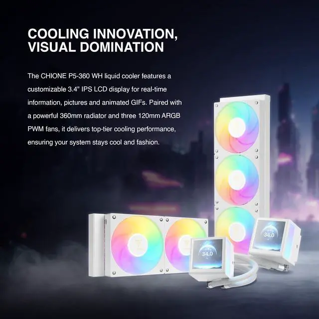 Alt view image 2 of 5 - GAMDIAS CHIONE P5 360mm AIO CPU Liquid Cooler, Rotatable Magnetic 3.4 IPS LCD Screen Display, Fully Customizable w/Software, Hidden Cable Design, 3 x 120mm ARGB PWM Fan, Intel LGA 1851/AMD AM5, White