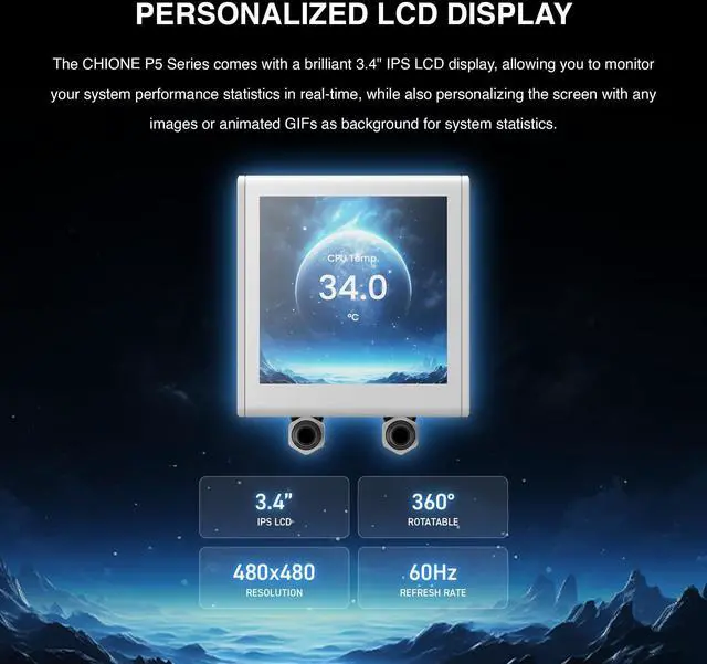 Alt view image 3 of 5 - GAMDIAS CHIONE P5 360mm AIO CPU Liquid Cooler, Rotatable Magnetic 3.4 IPS LCD Screen Display, Fully Customizable w/Software, Hidden Cable Design, 3 x 120mm ARGB PWM Fan, Intel LGA 1851/AMD AM5, White