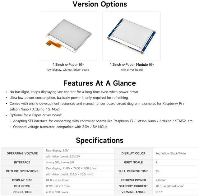 Alt view image 4 of 5 - Waveshare 4.2inch e-Paper, Raw E-Ink Display, 400x300, Red/Yellow/Black/White, Without Driver Board