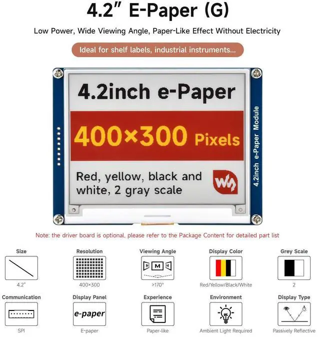Alt view image 3 of 5 - Waveshare 4.2inch e-Paper, Raw E-Ink Display, 400x300, Red/Yellow/Black/White, Without Driver Board