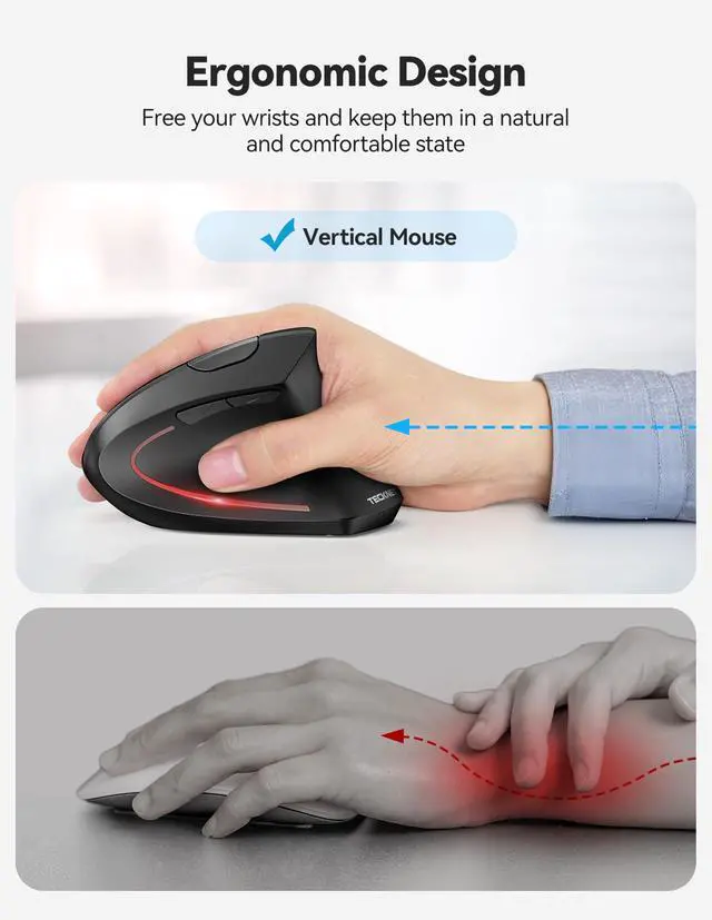Alt view image 4 of 5 - TECKNET Ergonomic Mouse, Rechargeable Bluetooth Wireless Vertical Mouse, Connect 3 Devices Simultaneously, 4800 DPI Silent Carpal Tunnel Mouse for Laptop, PC, MacBook, iPad - Black