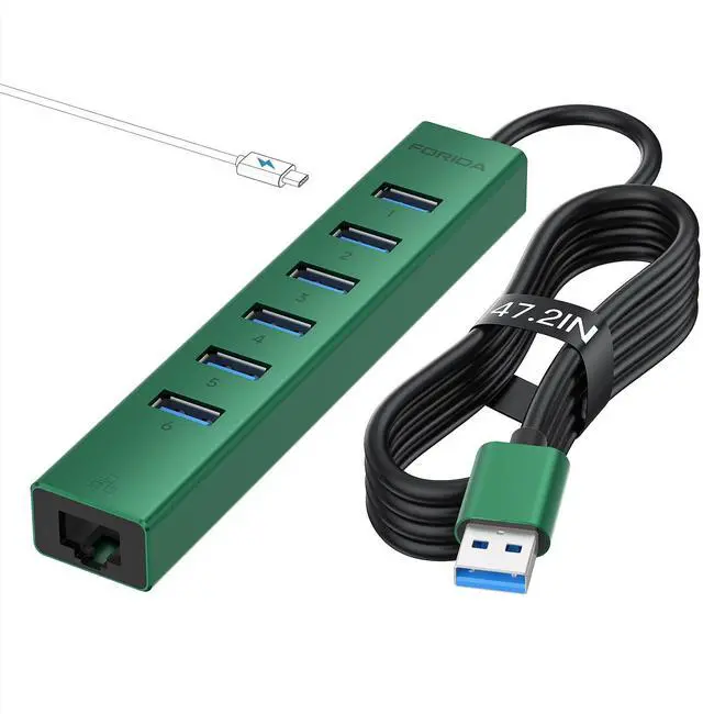 Main image of 7 Ports USB 3.0 Hub, USB to Network HUB with 3.9ft Long Cable for Laptop, USB Splitter with Gigabit Ethernet Port and 5V/3A Power Port, MultiPort Aluminum Hub for iMac, PC, Flash Drives (Green)