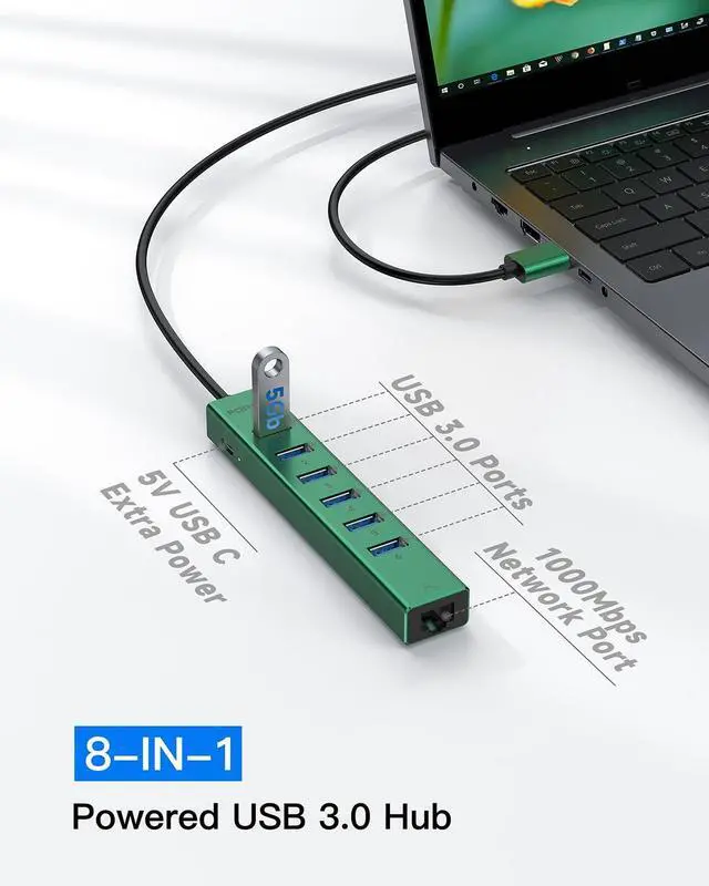 Alt view image 3 of 5 - 7 Ports USB 3.0 Hub, USB to Network HUB with 3.9ft Long Cable for Laptop, USB Splitter with Gigabit Ethernet Port and 5V/3A Power Port, MultiPort Aluminum Hub for iMac, PC, Flash Drives (Green)
