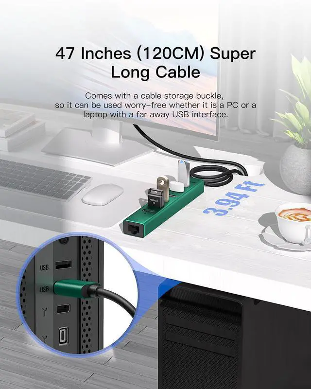 Alt view image 2 of 5 - 7 Ports USB 3.0 Hub, USB to Network HUB with 3.9ft Long Cable for Laptop, USB Splitter with Gigabit Ethernet Port and 5V/3A Power Port, MultiPort Aluminum Hub for iMac, PC, Flash Drives (Green)