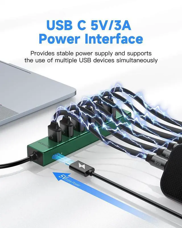 Alt view image 4 of 5 - 7 Ports USB 3.0 Hub, USB to Network HUB with 3.9ft Long Cable for Laptop, USB Splitter with Gigabit Ethernet Port and 5V/3A Power Port, MultiPort Aluminum Hub for iMac, PC, Flash Drives (Green)