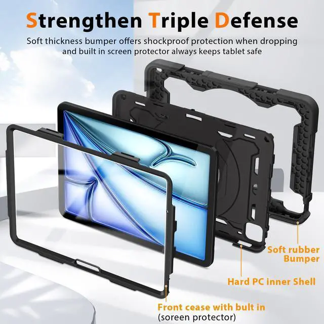 Alt view image 4 of 5 - ROISKIN for iPad Air 11 inch Case (M3 2025/M2 2024)/ Air 6th Generation for Kids with HD Screen Protector, 360 Rotating Kickstand, Shoulder Strap, Rugged Heavy Duty Military Case for iPad Air 11