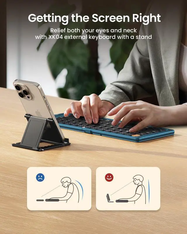 Alt view image 5 of 5 - ProtoArc Foldable Compact Keyboard, XK04 Portable Bluetooth Keyboard with PU Leather Cover, Pocket-Sized Wireless Travel Keyboards for iPad, iPhone, Smartphone, Tablet and Laptop - Blue