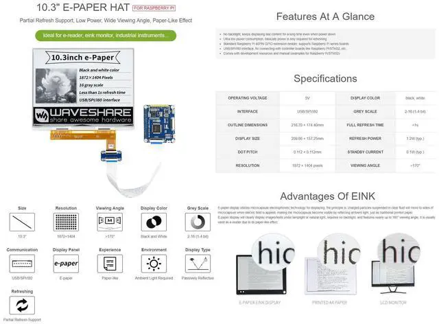 Alt view image 3 of 5 - Waveshare 10.3inch E-Paper E-Ink Display HAT Compatible with Raspberry Pi4B/3B+/3B/2B/B+/A+/Zero/Zero W/WH/Zero 2W 1872x1404 Pixels Black/White 2-16 Grey Scales USB/SPI/I80 Supports Partial Refresh
