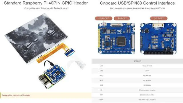 Alt view image 4 of 5 - Waveshare 10.3inch E-Paper E-Ink Display HAT Compatible with Raspberry Pi4B/3B+/3B/2B/B+/A+/Zero/Zero W/WH/Zero 2W 1872x1404 Pixels Black/White 2-16 Grey Scales USB/SPI/I80 Supports Partial Refresh