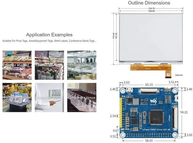 Alt view image 5 of 5 - Waveshare 10.3inch E-Paper E-Ink Display HAT Compatible with Raspberry Pi4B/3B+/3B/2B/B+/A+/Zero/Zero W/WH/Zero 2W 1872x1404 Pixels Black/White 2-16 Grey Scales USB/SPI/I80 Supports Partial Refresh