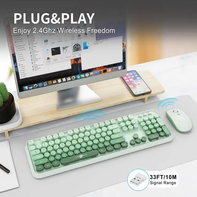 Alt view image 2 of 5 - Wireless Keyboard Mouse Combo,104 Round Keys Cute Colorful Keyboard Retro Typewriter Style,Letton Full Size Keyboard with Number Pad&Mouse with 3 DPI for PC Mac Laptop Computer Windows-Green