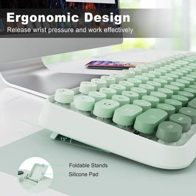 Alt view image 3 of 5 - Wireless Keyboard Mouse Combo,104 Round Keys Cute Colorful Keyboard Retro Typewriter Style,Letton Full Size Keyboard with Number Pad&Mouse with 3 DPI for PC Mac Laptop Computer Windows-Green