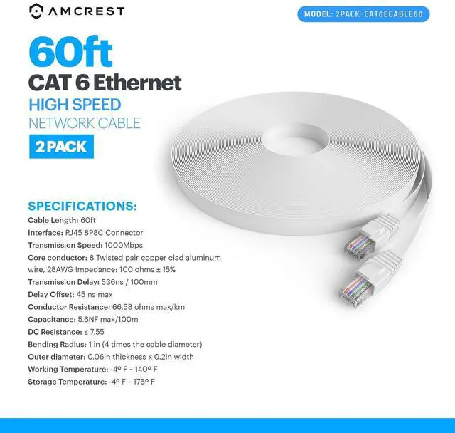 Alt view image 5 of 5 - Amcrest CAT6E 4K-Rated Video POE Ethernet Cable 60ft Internet High Speed Network Cable for PoE Security IP Cameras, Smart TV, PS4, Xbox One, Router, Laptop, Computer, Home (2PACK-CAT6ECABLE60)