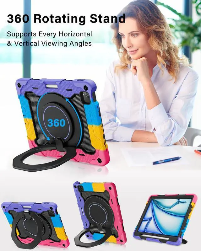 Alt view image 2 of 5 - ROISKIN for iPad Air 11 inch Case (M3 2025/M2 2024)/ Air 6th Generation for Kids with HD Screen Protector, 360 Rotating Kickstand, Shoulder Strap, Pen Holder, Heavy Duty Military Case for iPad Air 11