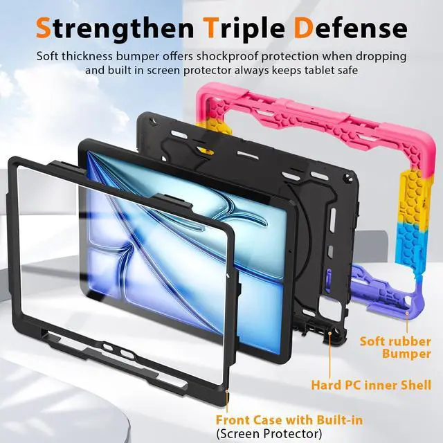 Alt view image 4 of 5 - ROISKIN for iPad Air 11 inch Case (M3 2025/M2 2024)/ Air 6th Generation for Kids with HD Screen Protector, 360 Rotating Kickstand, Shoulder Strap, Pen Holder, Heavy Duty Military Case for iPad Air 11