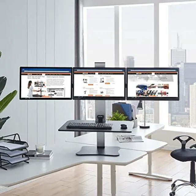 Alt view image 3 of 5 - Victor DC475 High Rise Electric Triple Monitor Standing Desk Converter | Three Large Monitor Sit-Stand Desk | 28" Wide Work Surface | Compatible with Any Standard Desk | Adjustable Monitor Holder
