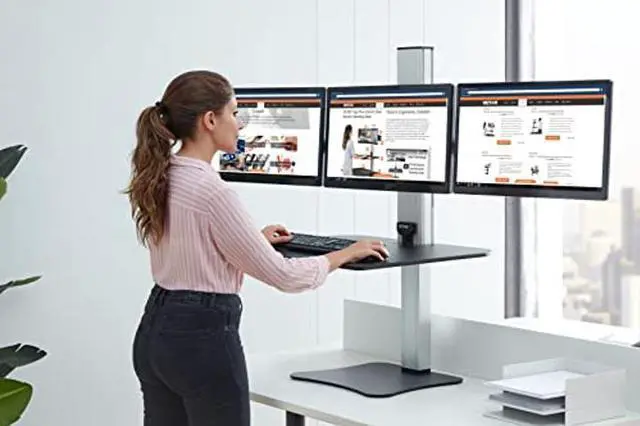 Alt view image 4 of 5 - Victor DC475 High Rise Electric Triple Monitor Standing Desk Converter | Three Large Monitor Sit-Stand Desk | 28" Wide Work Surface | Compatible with Any Standard Desk | Adjustable Monitor Holder