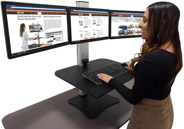 Main image of Victor DC475 High Rise Electric Triple Monitor Standing Desk Converter | Three Large Monitor Sit-Stand Desk | 28" Wide Work Surface | Compatible with Any Standard Desk | Adjustable Monitor Holder