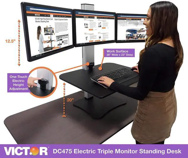 Alt view image 2 of 5 - Victor DC475 High Rise Electric Triple Monitor Standing Desk Converter | Three Large Monitor Sit-Stand Desk | 28" Wide Work Surface | Compatible with Any Standard Desk | Adjustable Monitor Holder