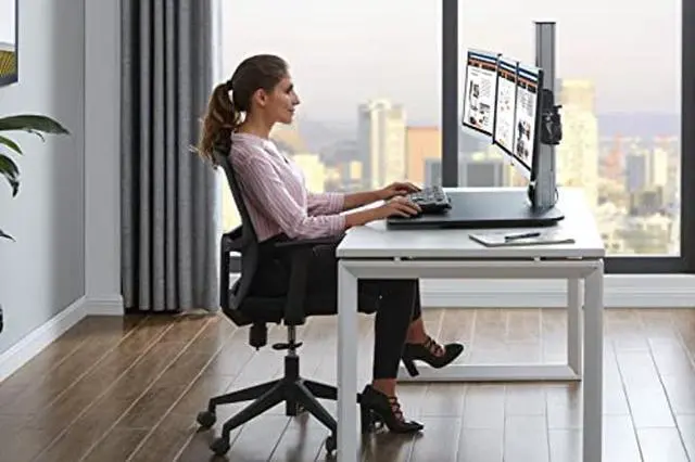 Alt view image 5 of 5 - Victor DC475 High Rise Electric Triple Monitor Standing Desk Converter | Three Large Monitor Sit-Stand Desk | 28" Wide Work Surface | Compatible with Any Standard Desk | Adjustable Monitor Holder