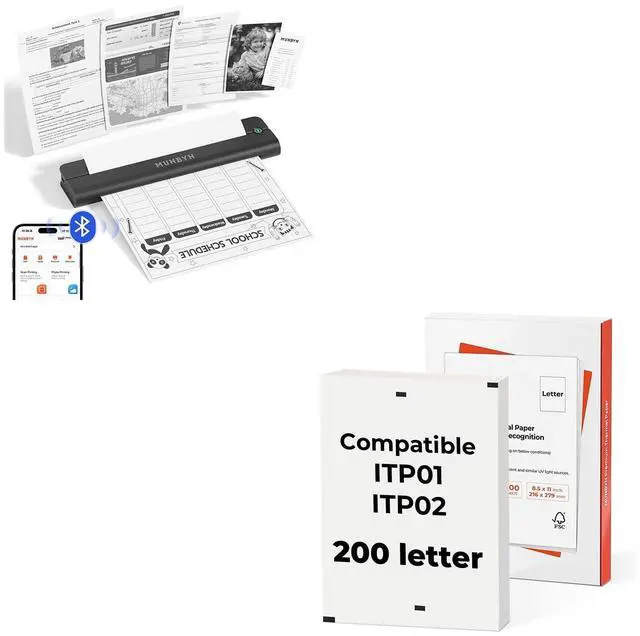 Main image of MUNBYN Portable Printers Wireless for Travel ITP02 and 200 Sheets US Letter Size Thermal Printer Paper 8.5 x 11 Inch