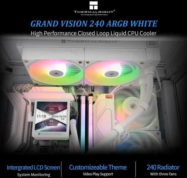 Alt view image 3 of 5 - Thermalright Grand Vision 240 ARGB White CPU Water Cooler with Double PWM Fans with 2150RPM,IPS LCD Screen with 480x480 Resolution,Liquid CPU Cooler for AM4/AM5; LGA1700/1851,3.4-inch LCD Display