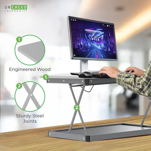 Alt view image 3 of 5 - Uncaged Ergonomics Changedesk Mini Small Standing Desk Converter Height Adjustable Desktop Sit-to-Stand Up Desk Riser Laptop Table Top Standing Converter, White