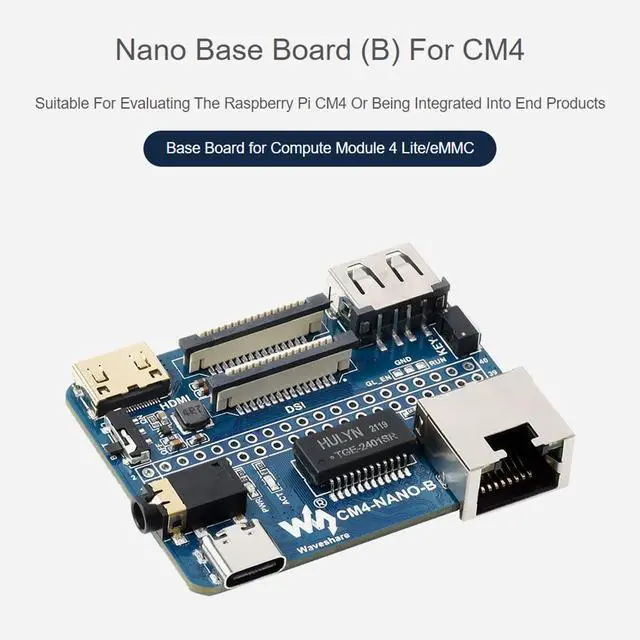Alt view image 5 of 5 - Waveshare Nano Base Board (B) for Raspberry Pi Compute Module 4 Same Size as CM4 Standard CM4 Socket 40PIN GPIO Gigabit Ethernet USB2.0 DSI CSI 3.5mm Audio Jack
