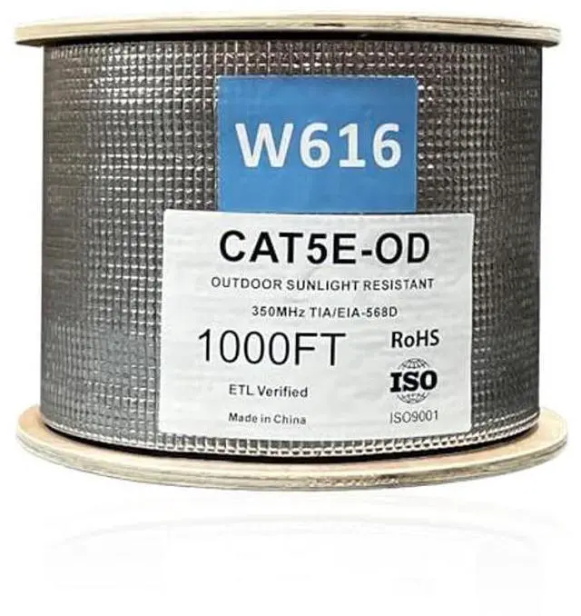 Main image of ENS Outdoor Cable Cat5e, 1000ft, UTP, UV Jacket, Outdoor Rated, CMX, 24AWG Solid Bare Copper, 350MHz, Bulk Ethernet Cable on Wooden Spool, Perfect for CCTV Security Surveillance System
