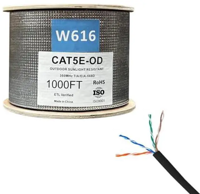 Alt view image 3 of 5 - ENS Outdoor Cable Cat5e, 1000ft, UTP, UV Jacket, Outdoor Rated, CMX, 24AWG Solid Bare Copper, 350MHz, Bulk Ethernet Cable on Wooden Spool, Perfect for CCTV Security Surveillance System