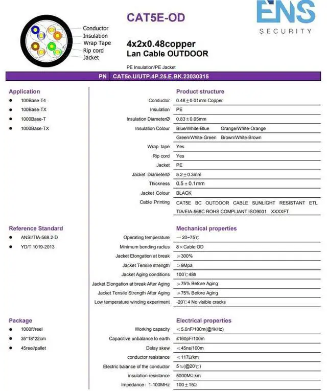 Alt view image 5 of 5 - ENS Outdoor Cable Cat5e, 1000ft, UTP, UV Jacket, Outdoor Rated, CMX, 24AWG Solid Bare Copper, 350MHz, Bulk Ethernet Cable on Wooden Spool, Perfect for CCTV Security Surveillance System