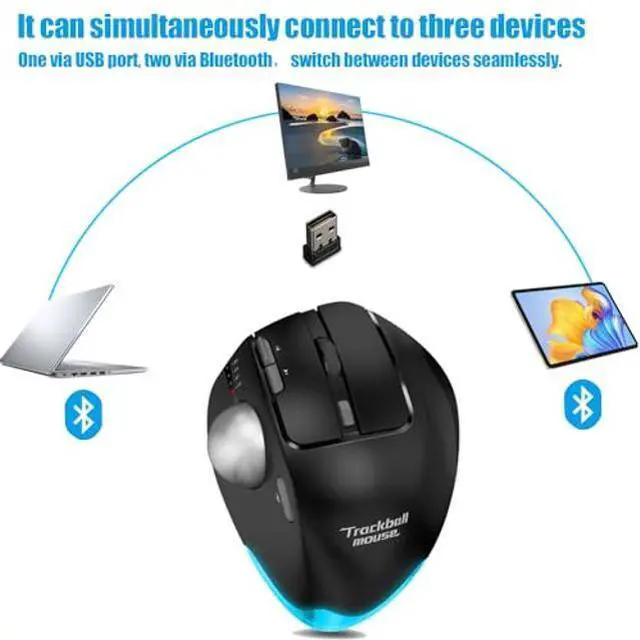 Alt view image 4 of 5 - zelotes Wireless Trackball Mouse,Bluetooth Mouse,Rechargeable,4800 DPI, 2-in-1(BT 5.0/3.0+2.4GHz USB Receiver), 8 Buttons,Ergonomic Design,LED Lighting,for Laptop, PC, Pad,Black