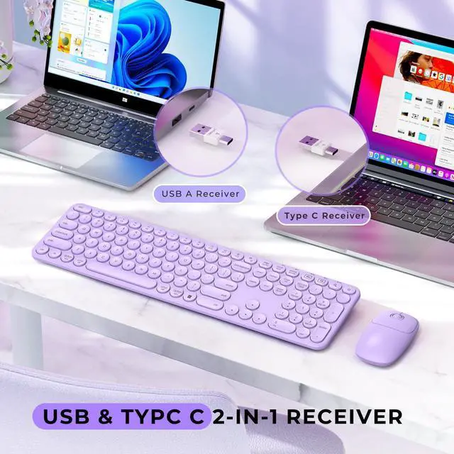 Alt view image 2 of 5 - seenda Wireless Keyboard and Mouse, USB & Type C 2-in-1 Receiver, Full Size Purple Wireless Keyboard Mouse Combo, Compatible for Windows 7/8/10/11, MacBook Pro/Air, Laptop, Desktop, PC - Purple