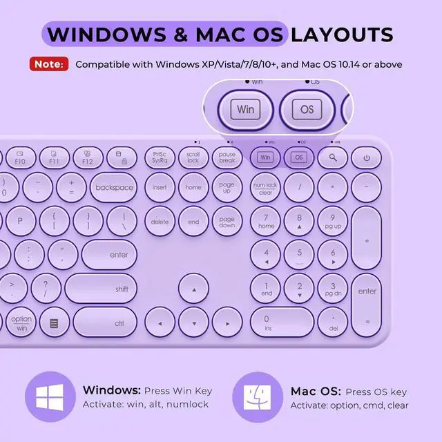 Alt view image 3 of 5 - seenda Wireless Keyboard and Mouse, USB & Type C 2-in-1 Receiver, Full Size Purple Wireless Keyboard Mouse Combo, Compatible for Windows 7/8/10/11, MacBook Pro/Air, Laptop, Desktop, PC - Purple