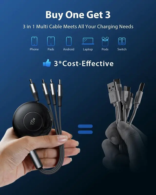 Alt view image 4 of 5 - CAFELE Upgraded Retractable USB C Cable, 100W Multi Charging Cable, 3 in 1 Fast Charging Charger Cord with Type C/L/Micro USB Ports for Phone 16 15 14 Galaxy MacBook Pad, Travel for Multiple Devices